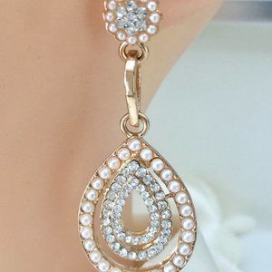 Pearl Gold Tear shaped Rhinestone Earrings - Fashion Jewelry